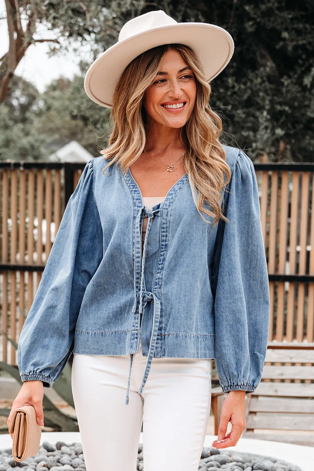 Threaded Pear Oakley Tied Front Long Puff Sleeve Denim Top sold by Zulily product image thumbnail 4