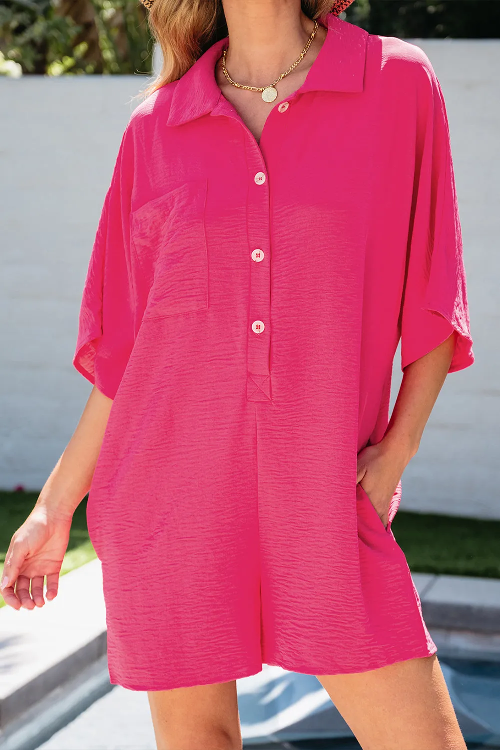 Threaded Pear Nyomi Half Button Collared Loose Romper sold by Zulily