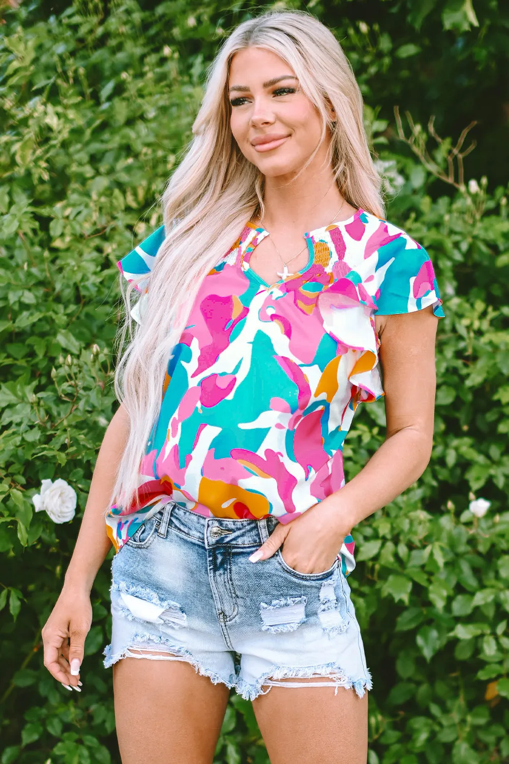 Threaded Pear Noemi Notched Neck Flutter Sleeve Blouse sold by Zulily