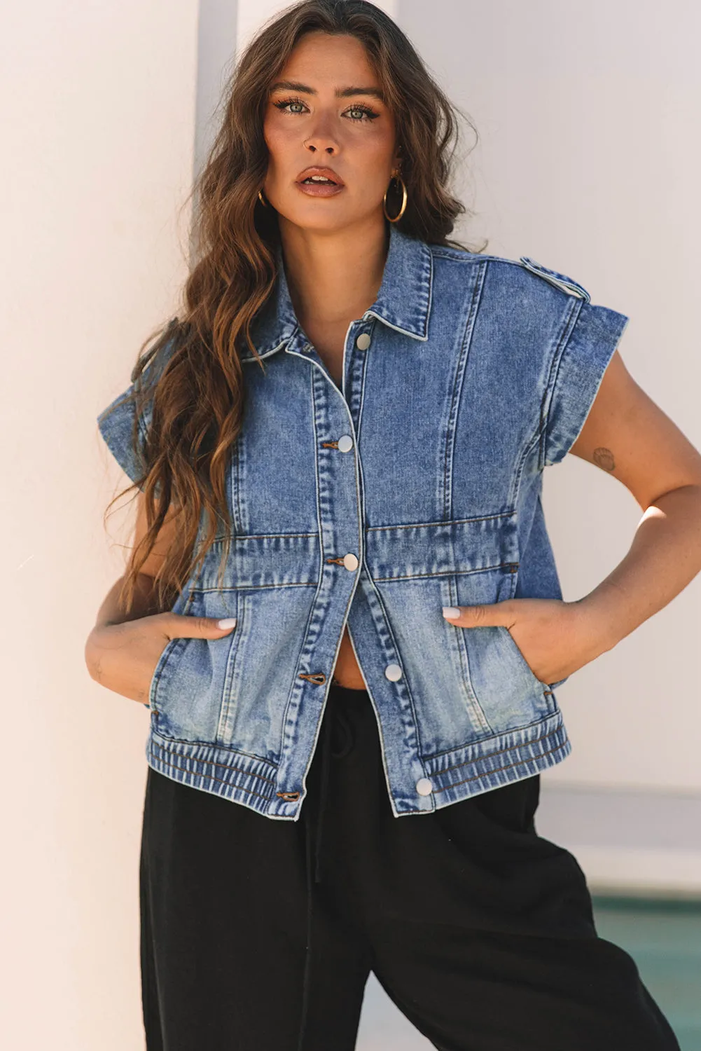 Threaded Pear Nora Blue Acid Wash Elastic Hem Button Up Denim Vest sold by Zulily