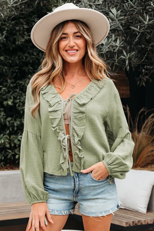 Threaded Pear Natalia Bow Tie Front Ruffle Trim Long Sleeve Gauze Blouse made by Threaded Pear