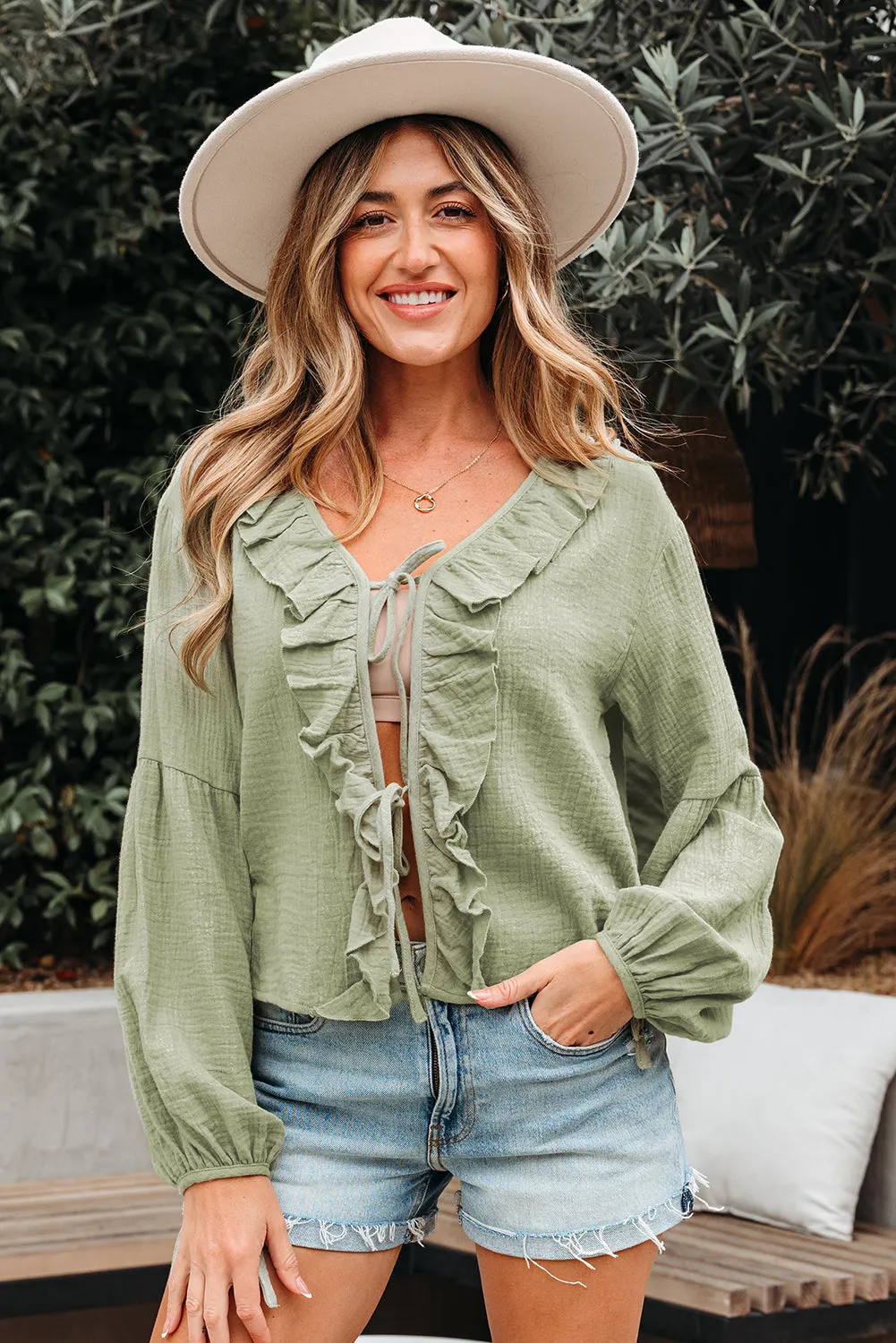 Threaded Pear Natalia Bow Tie Front Ruffle Trim Long Sleeve Gauze Blouse sold by Zulily