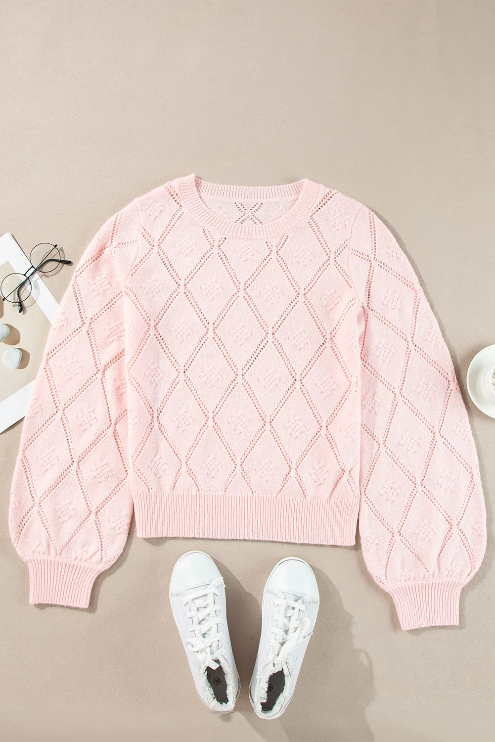 Threaded Pear Molly Openwork Plaid Puff Sleeve Cropped Sweater sold by Zulily product image thumbnail 4