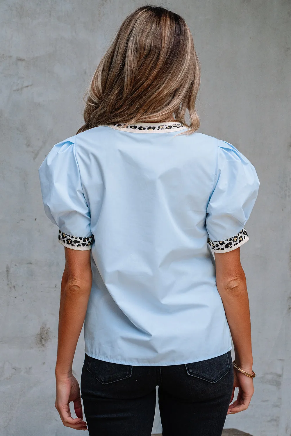 Threaded Pear Mila Contrast Leopard Trim Split Neck Puff Sleeve Blouse sold by Zulily product image thumbnail 2