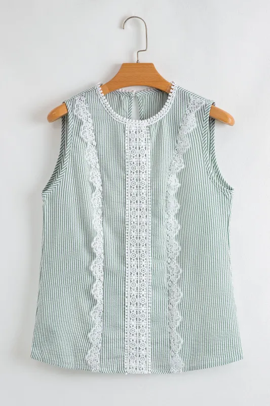 Threaded Pear Meredith Stripe Lace Patchwork Crew Neck Tank Top made by Threaded Pear