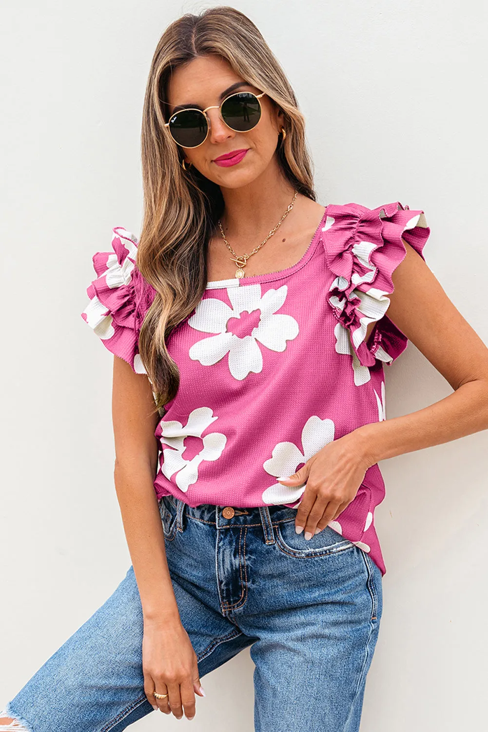 Threaded Pear Mazie Floral Ruffled Short Sleeve Blouse sold by Zulily