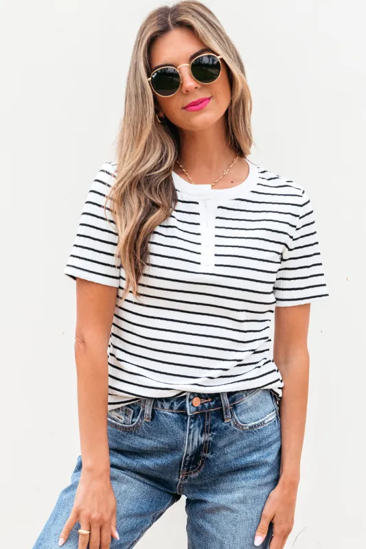 Threaded Pear Marleigh Stripe Textured Buttoned Henley Top made by Threaded Pear