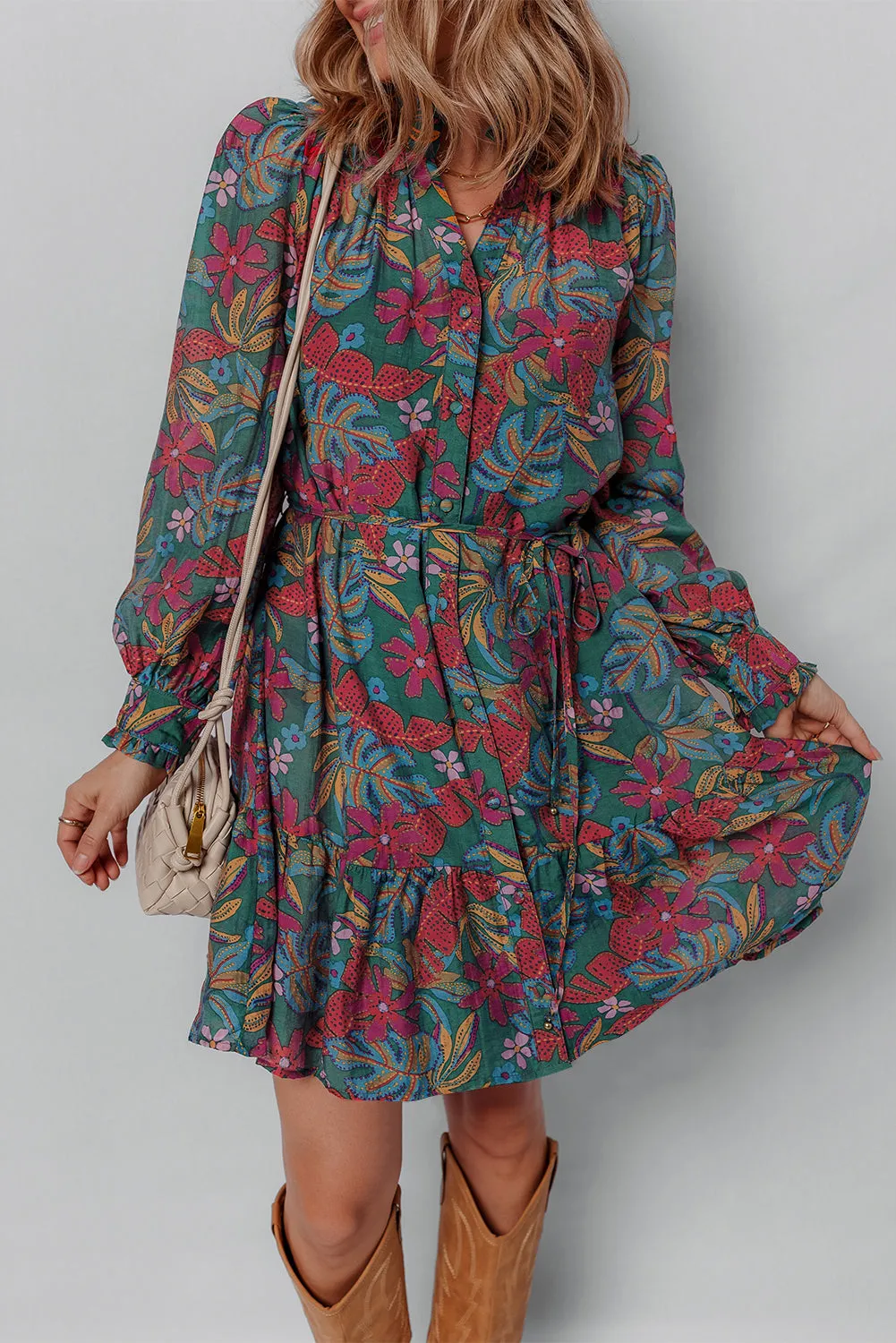 Threaded Pear Maria Floral V Neck Puff Sleeve Dress sold by Zulily