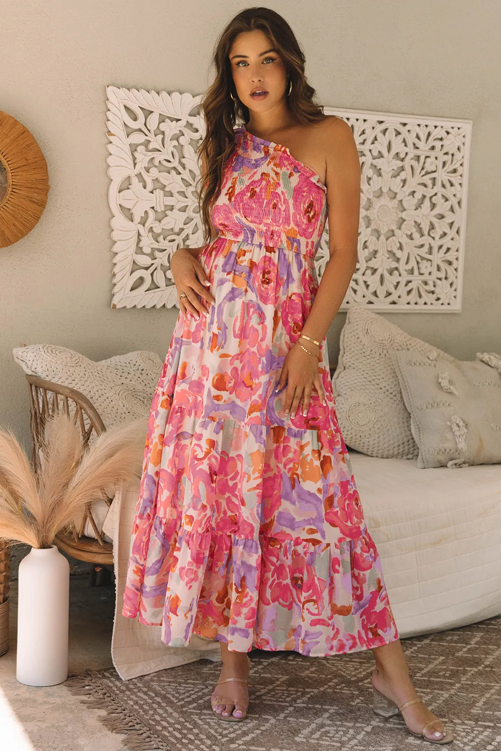 Threaded Pear Malaysia Floral Print Shirred One Shoulder Maxi Dress sold by Zulily product image thumbnail 3