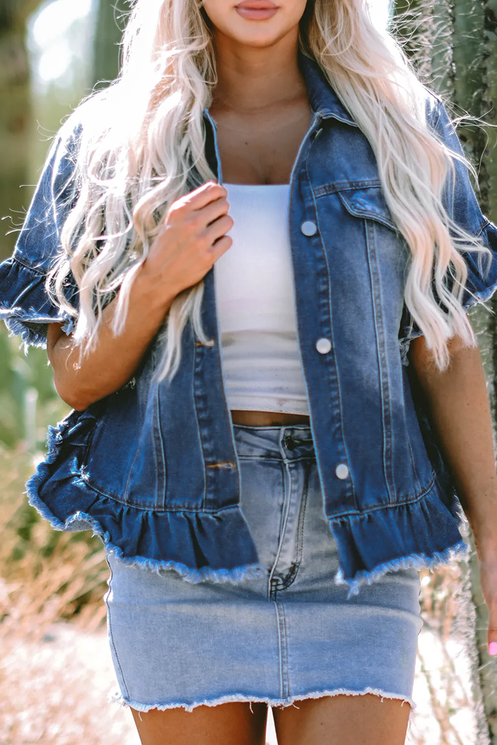 Threaded Pear Luisa Ruffled Short Sleeve Denim Jacket sold by Zulily