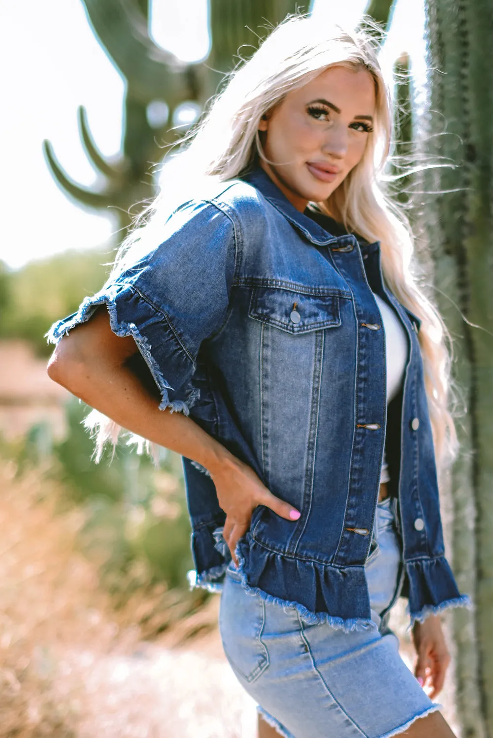 Threaded Pear Luisa Ruffled Short Sleeve Denim Jacket sold by Zulily product image thumbnail 3