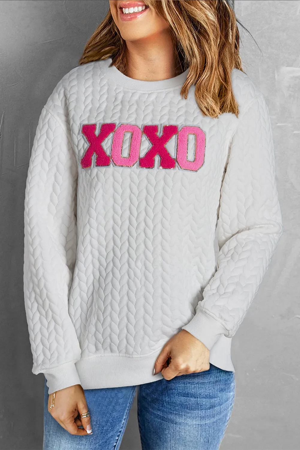 Threaded Pear Logan XOXO Glitter Chenille Cable Knit Pullover Sweatshirt sold by Zulily