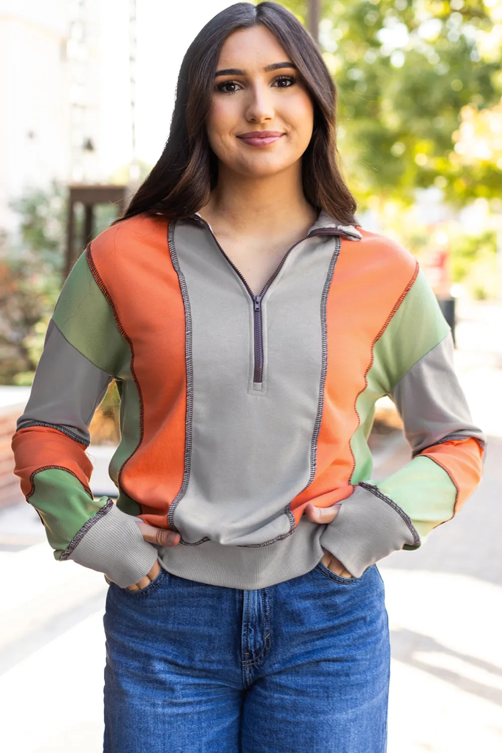 Threaded Pear Lilah Block Stitching Half Zipper Sweatshirt sold by Zulily