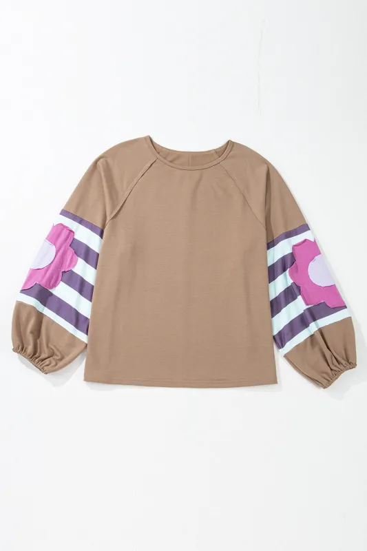 Threaded Pear Light French Beige Flower Striped Patchwork Puff Sleeve Loose PLUS Sweatshirt made by Threaded Pear
