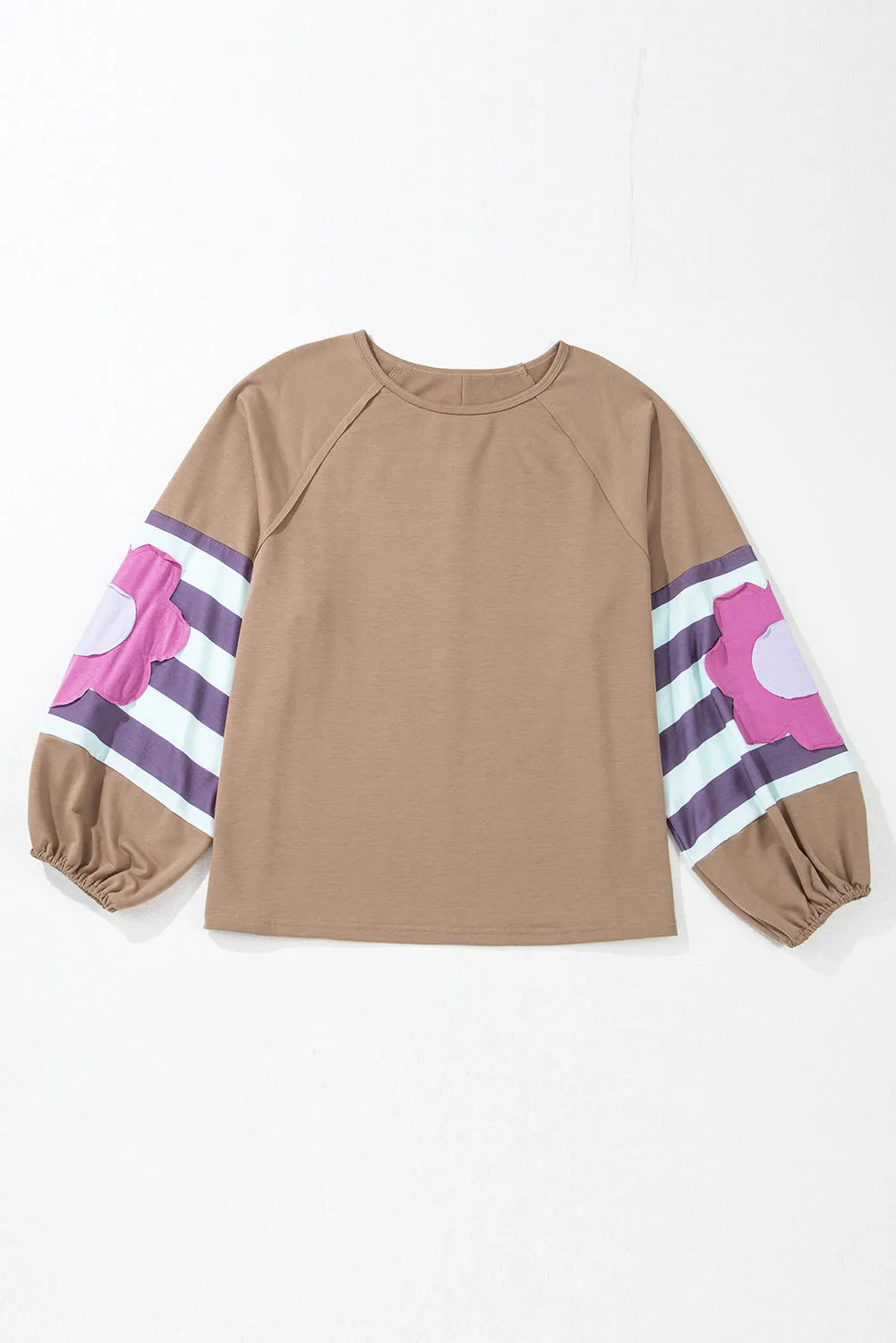 Threaded Pear Light French Beige Flower Striped Patchwork Puff Sleeve Loose PLUS Sweatshirt sold by Zulily