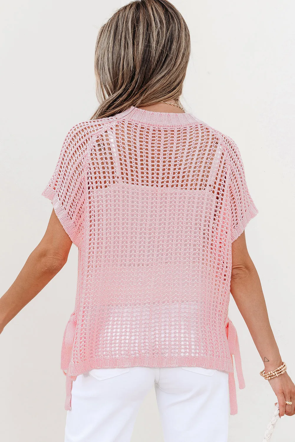 Threaded Pear Lettie Hollow-out Crochet Side Tied Short Sleeve Sweater sold by Zulily product image thumbnail 2