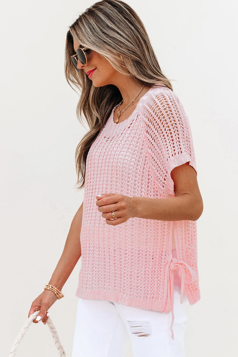 Threaded Pear Lettie Hollow-out Crochet Side Tied Short Sleeve Sweater sold by Zulily product image thumbnail 3