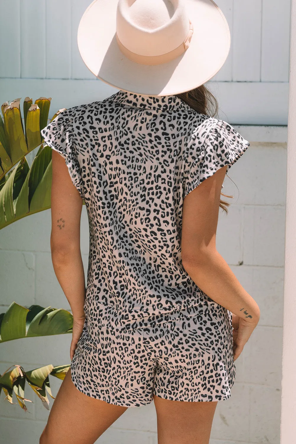 Threaded Pear Leopard Half Zipper Collared Ruffled Sleeve Top and Short Set sold by Zulily product image thumbnail 2