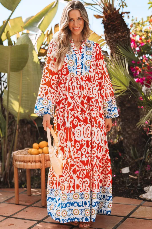 Threaded Pear Lenora Boho Geometric Printed Long Sleeve Maxi Dress made by Threaded Pear