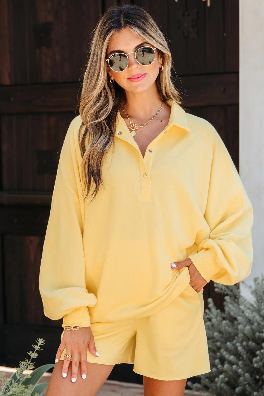 Threaded Pear Kylie Button Collar Drop Shoulder Pullover and Shorts 2pcs Outfit sold by Zulily