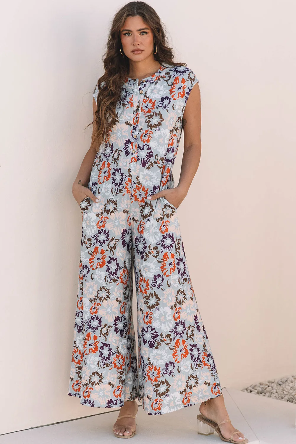 Threaded Pear Kylee Floral Sleeveless Buttoned Wide Leg Jumpsuit sold by Zulily product image thumbnail 4