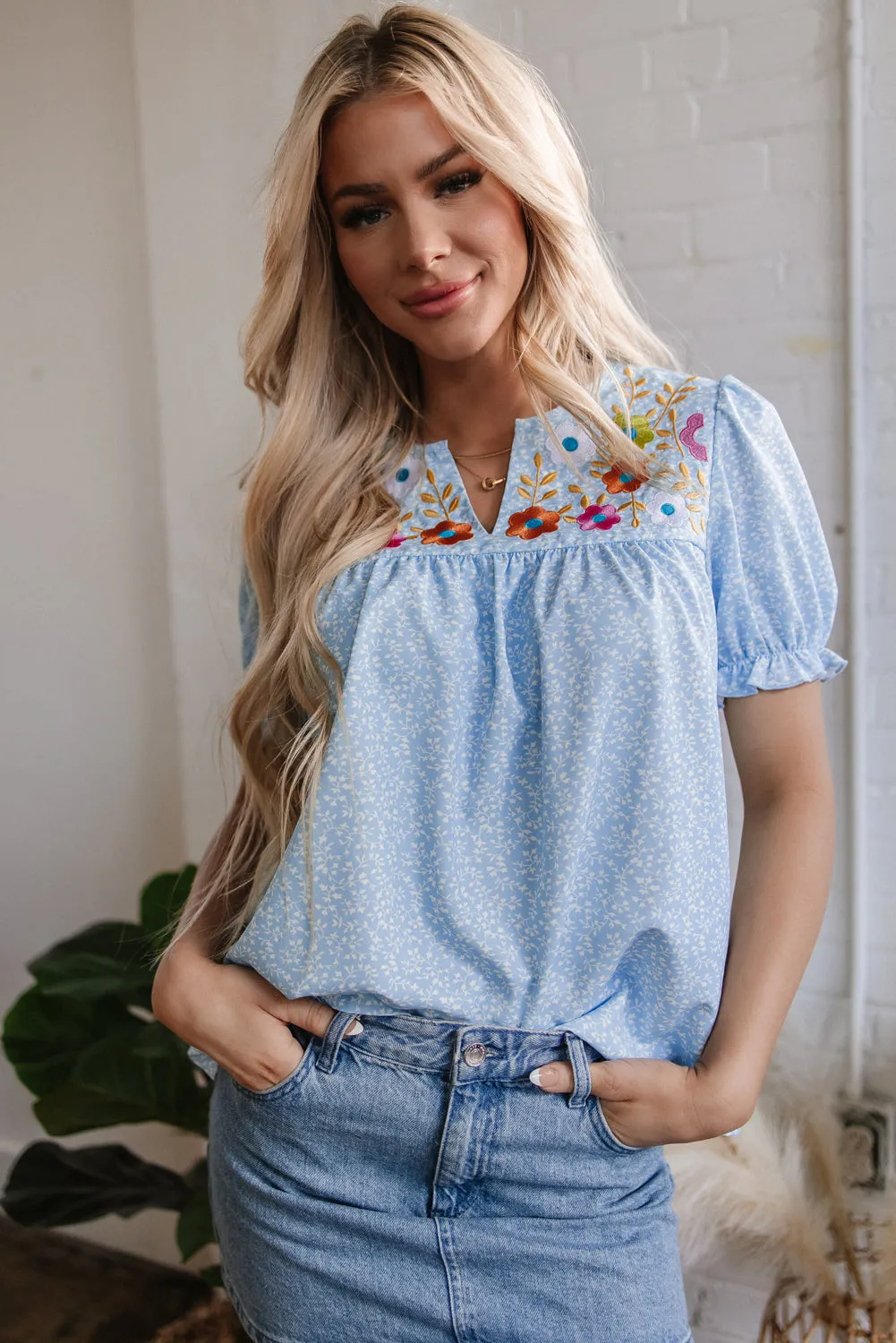 Threaded Pear Kenzie Floral Embroidered Puff Sleeve Blouse sold by Zulily