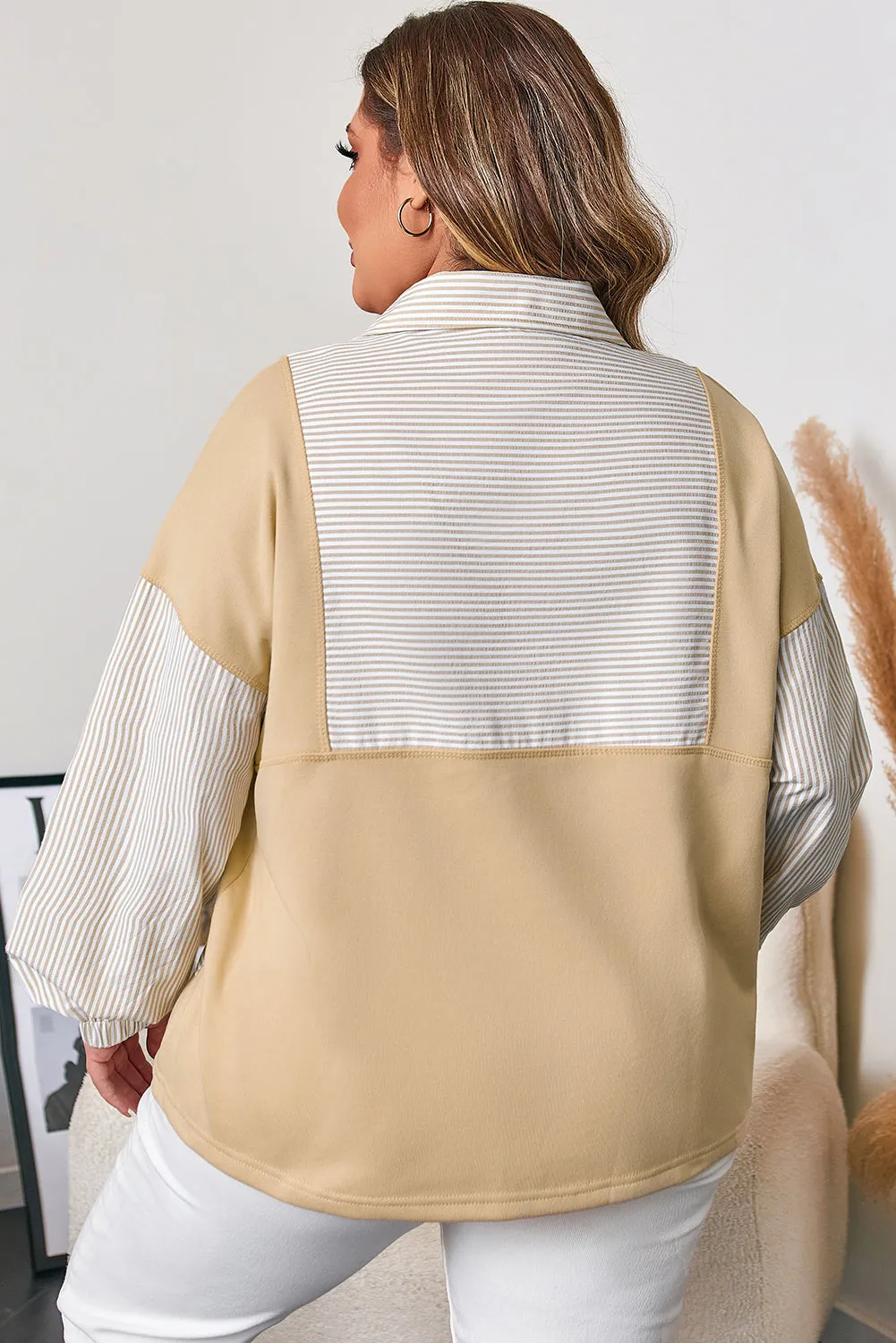 Threaded Pear Khaki Stripe Mix Half Zip French Terry Plus Size Sweatshirt sold by Zulily product image thumbnail 2