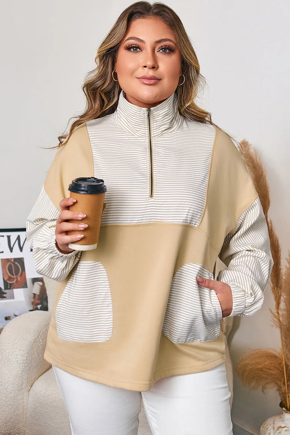 Threaded Pear Khaki Stripe Mix Half Zip French Terry Plus Size Sweatshirt sold by Zulily product image thumbnail 4
