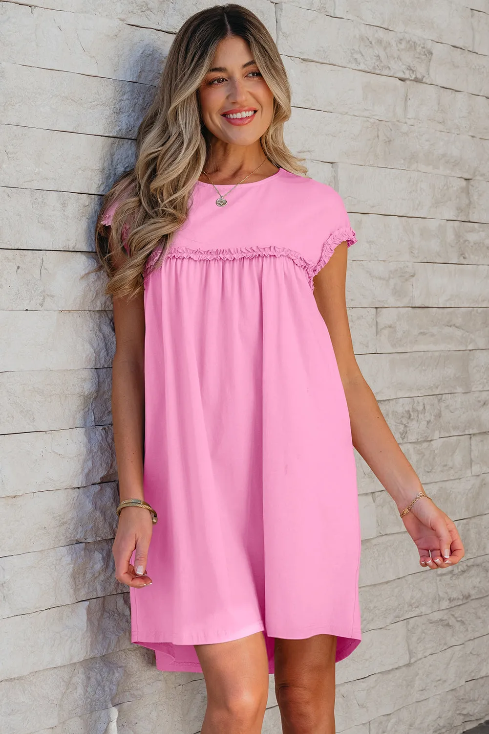 Threaded Pear Keily Frilled Trim Loose Fit Mini Dress sold by Zulily