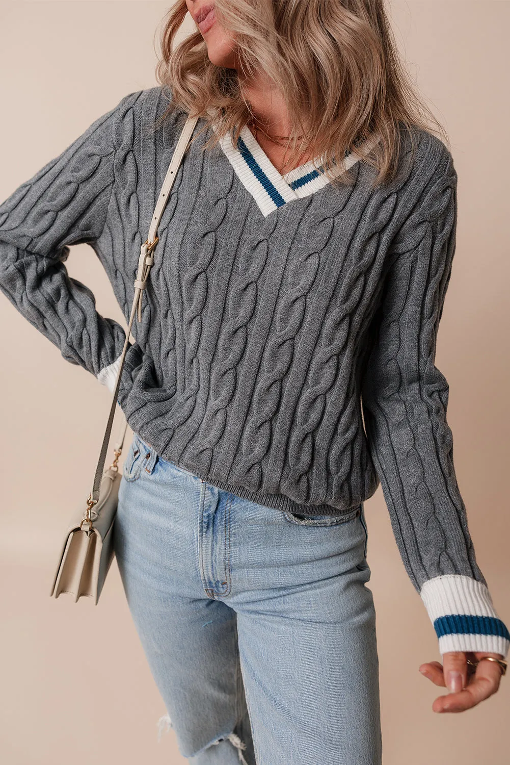 Threaded Pear Kayle Ribbed Edge Cable Knit V Neck Sweater sold by Zulily product image thumbnail 5