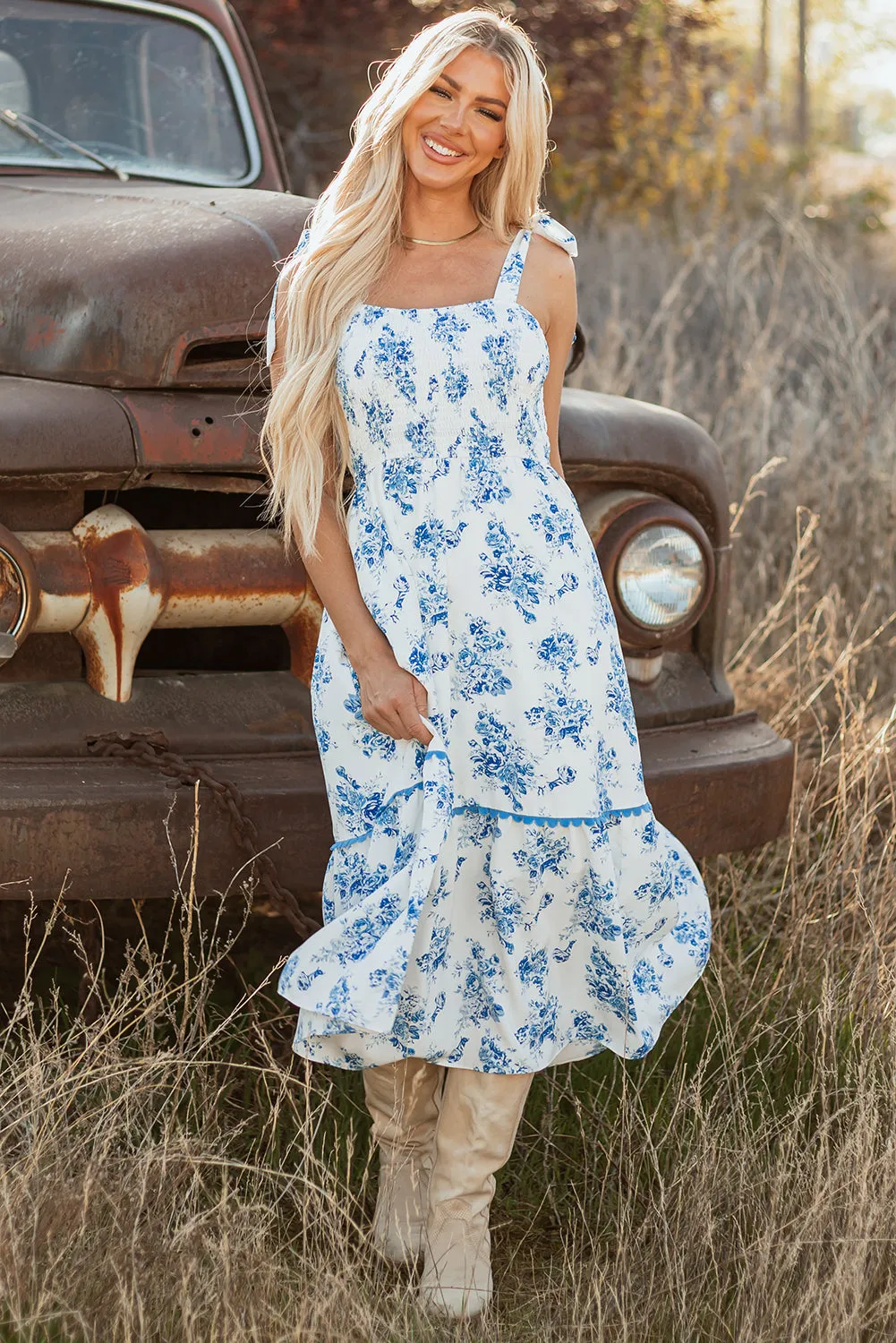 Threaded Pear Kai Floral Shirred Knot Shoulder Sleeveless Long Dress sold by Zulily product image thumbnail 4