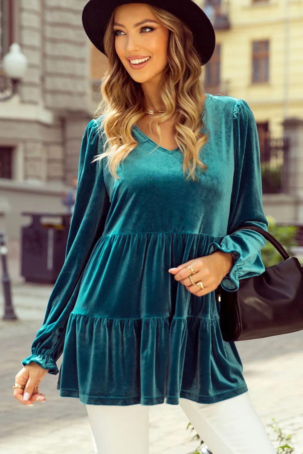 Threaded Pear Jasmine Velvet V Neck Puff Sleeve Blouse sold by Zulily
