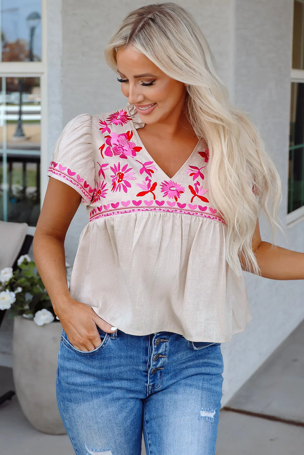 Threaded Pear Jaliyah Floral Embroidered Notched V Neck Blouse sold by Zulily product image thumbnail 4