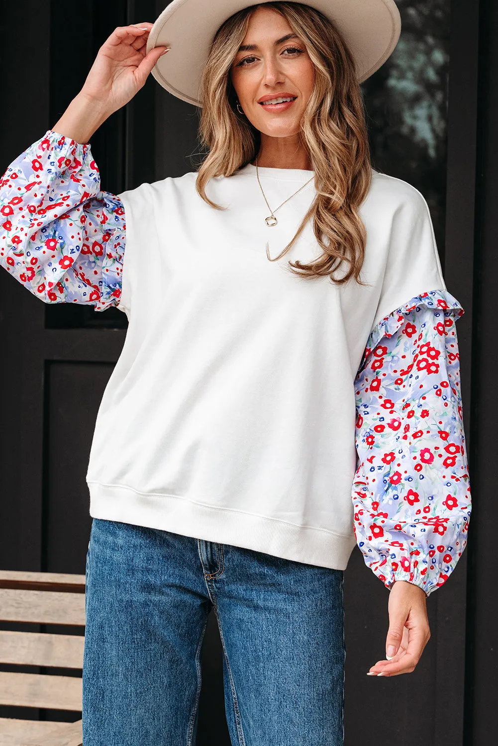 Threaded Pear Isabel Floral Ruffled Balloon Sleeve Loose Blouse sold by Zulily