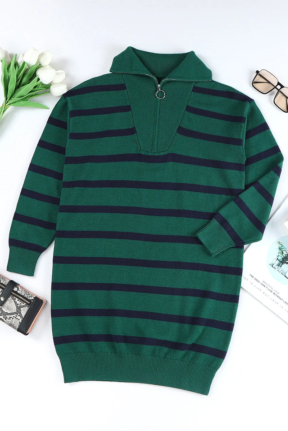 Threaded Pear Iris Striped Zip Collared Loose Sweater Mini Dress sold by Zulily product image thumbnail 5