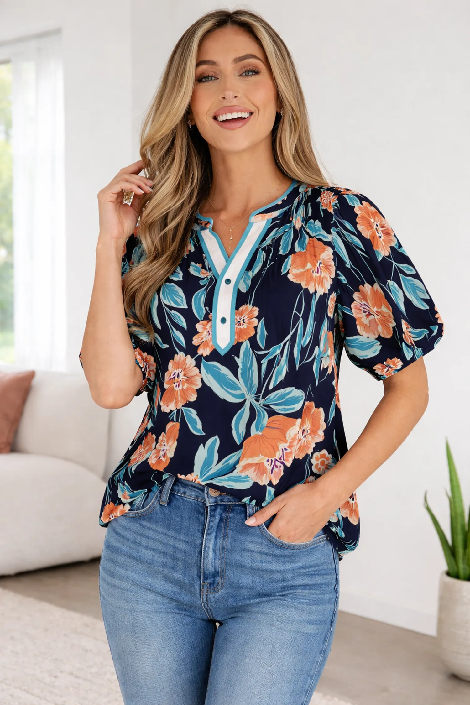 Threaded Pear Ila Bubble Sleeve Notched Blouse sold by Zulily