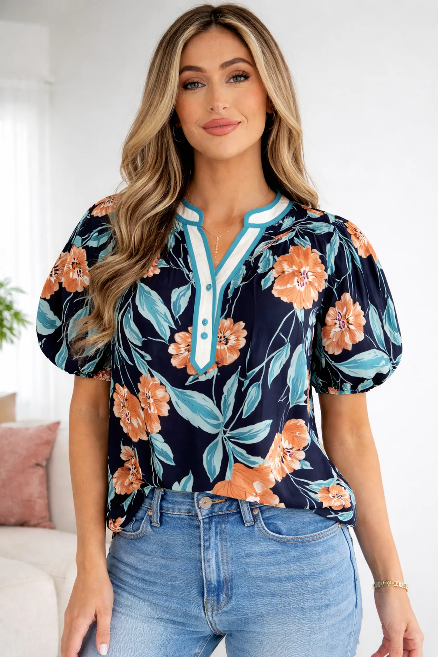 Threaded Pear Ila Bubble Sleeve Notched Blouse sold by Zulily product image thumbnail 5