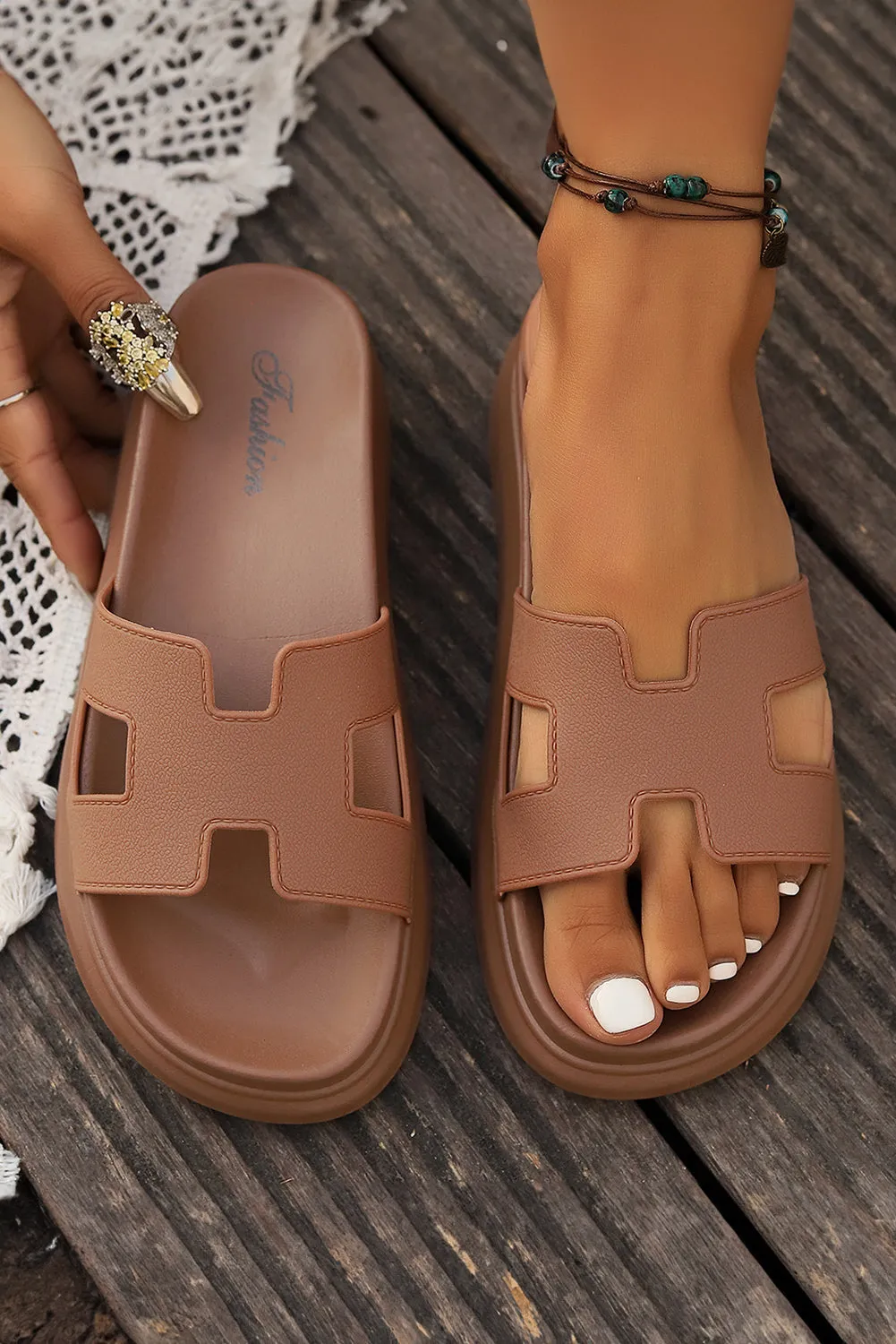 Threaded Pear Henley Cutout Design Open Toe Platform Slippers sold by Zulily