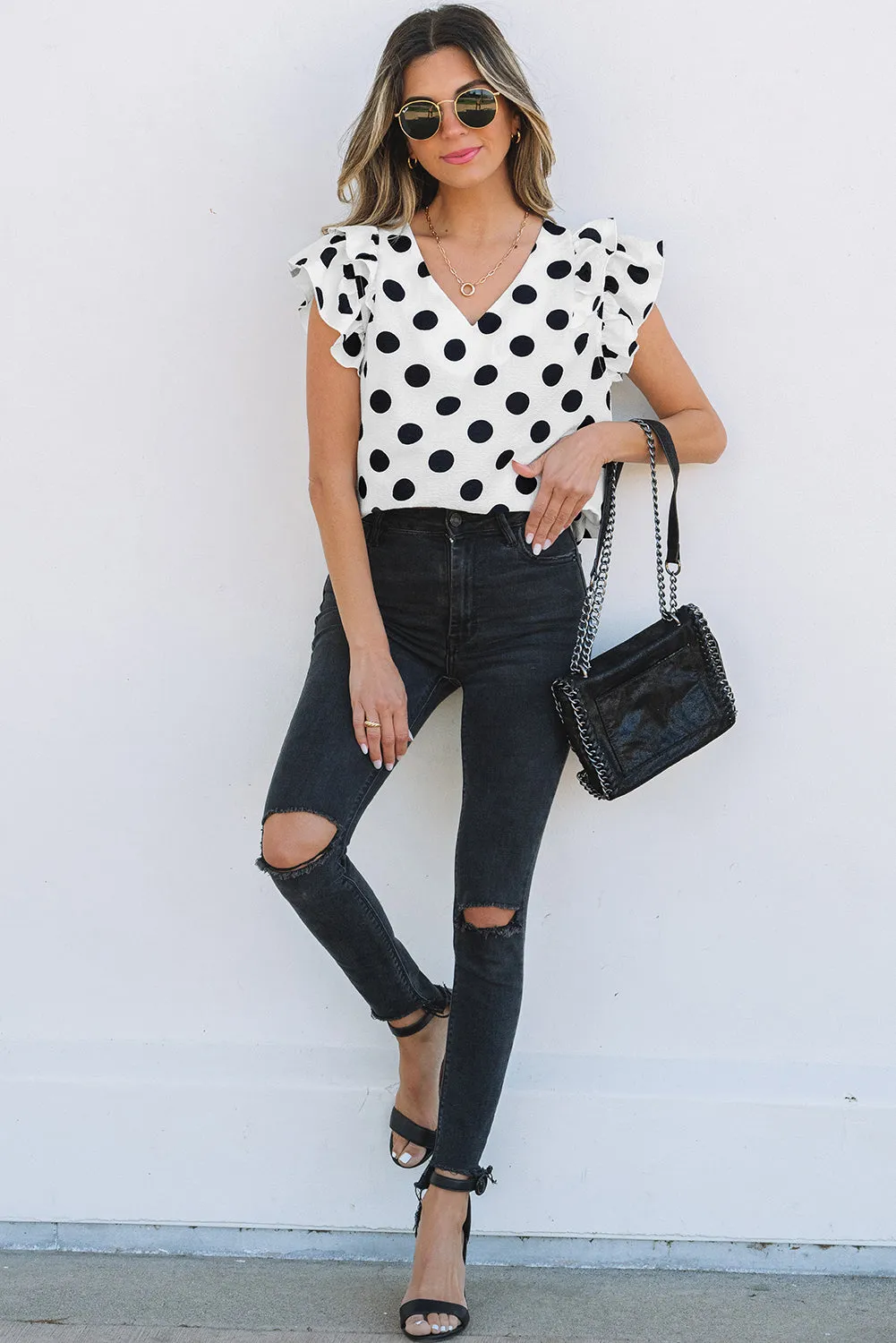 Threaded Pear Halo Polka Dot Ruffled Sleeve V Neck Blouse sold by Zulily product image thumbnail 4