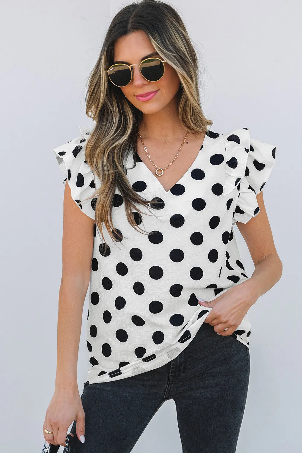 Threaded Pear Halo Polka Dot Ruffled Sleeve V Neck Blouse sold by Zulily