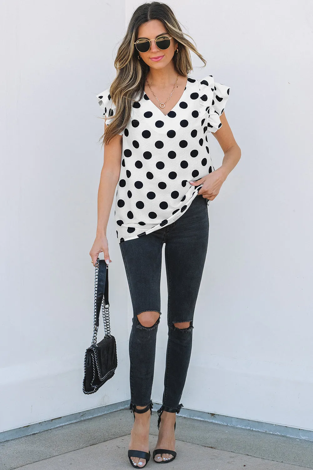 Threaded Pear Halo Polka Dot Ruffled Sleeve V Neck Blouse sold by Zulily product image thumbnail 3