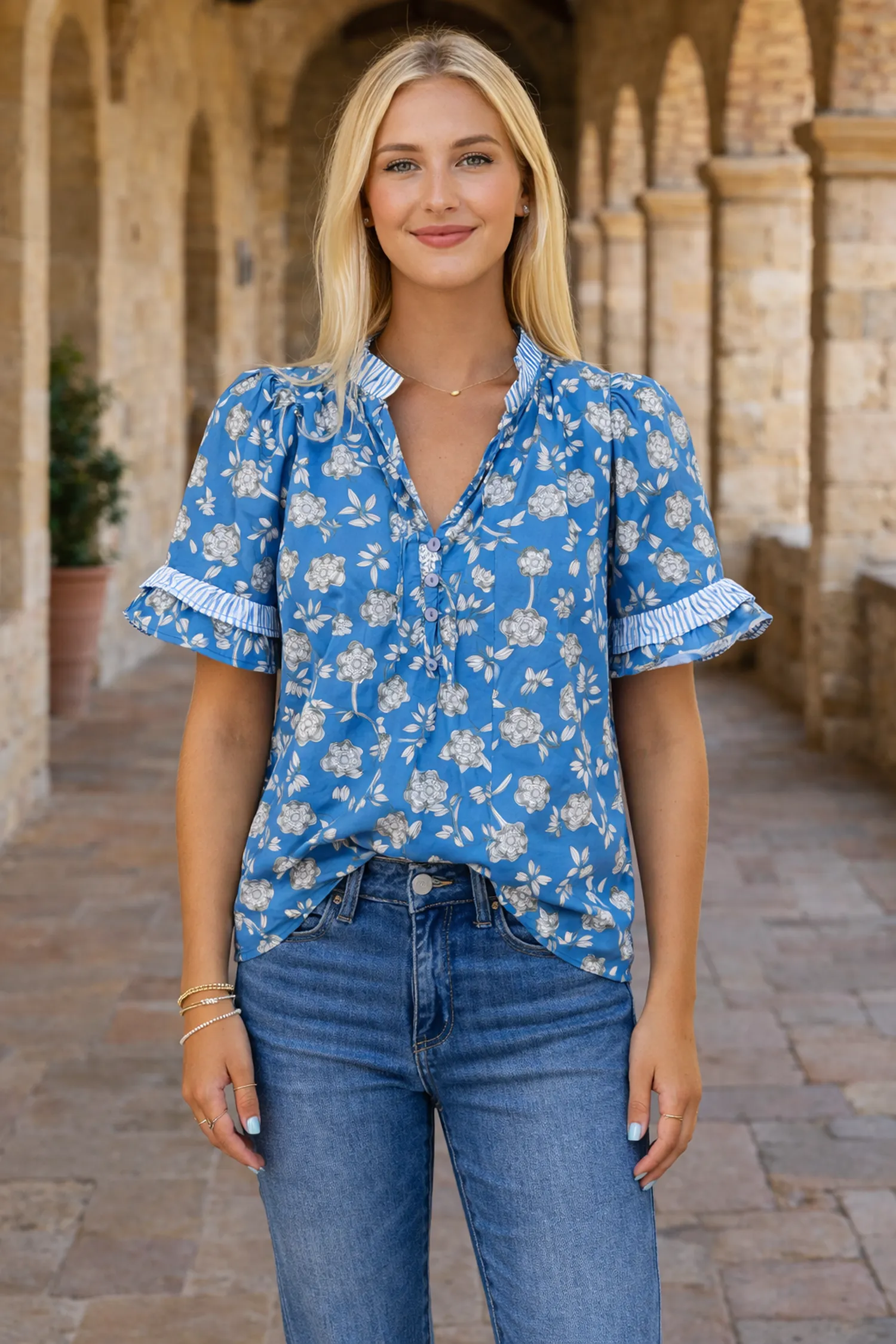Threaded Pear Hana Detail Short Sleeve Blouse sold by Zulily