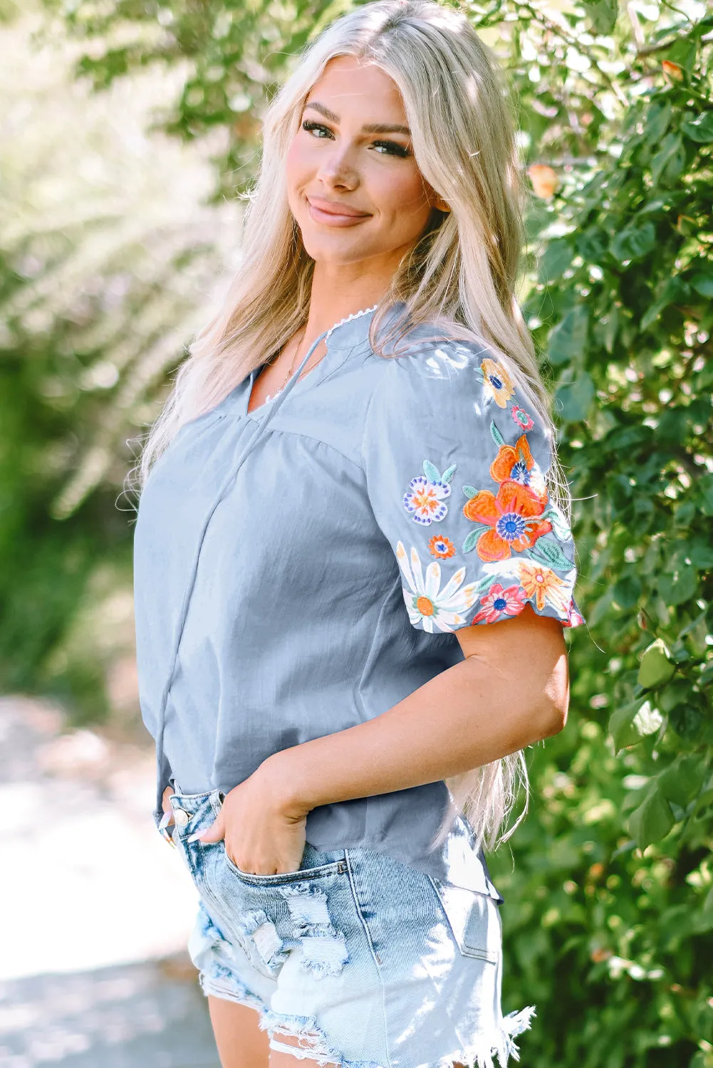 Threaded Pear Hadlee Floral Embroidered Puff Sleeve Split Neck Blouse sold by Zulily product image thumbnail 3