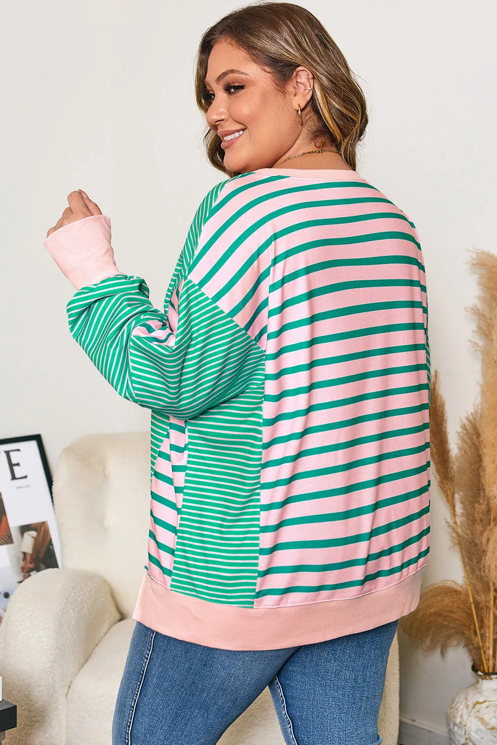 Threaded Pear Green Stripe Color Block Exposed Seam Side Slit Plus Size Sweatshirt sold by Zulily product image thumbnail 2