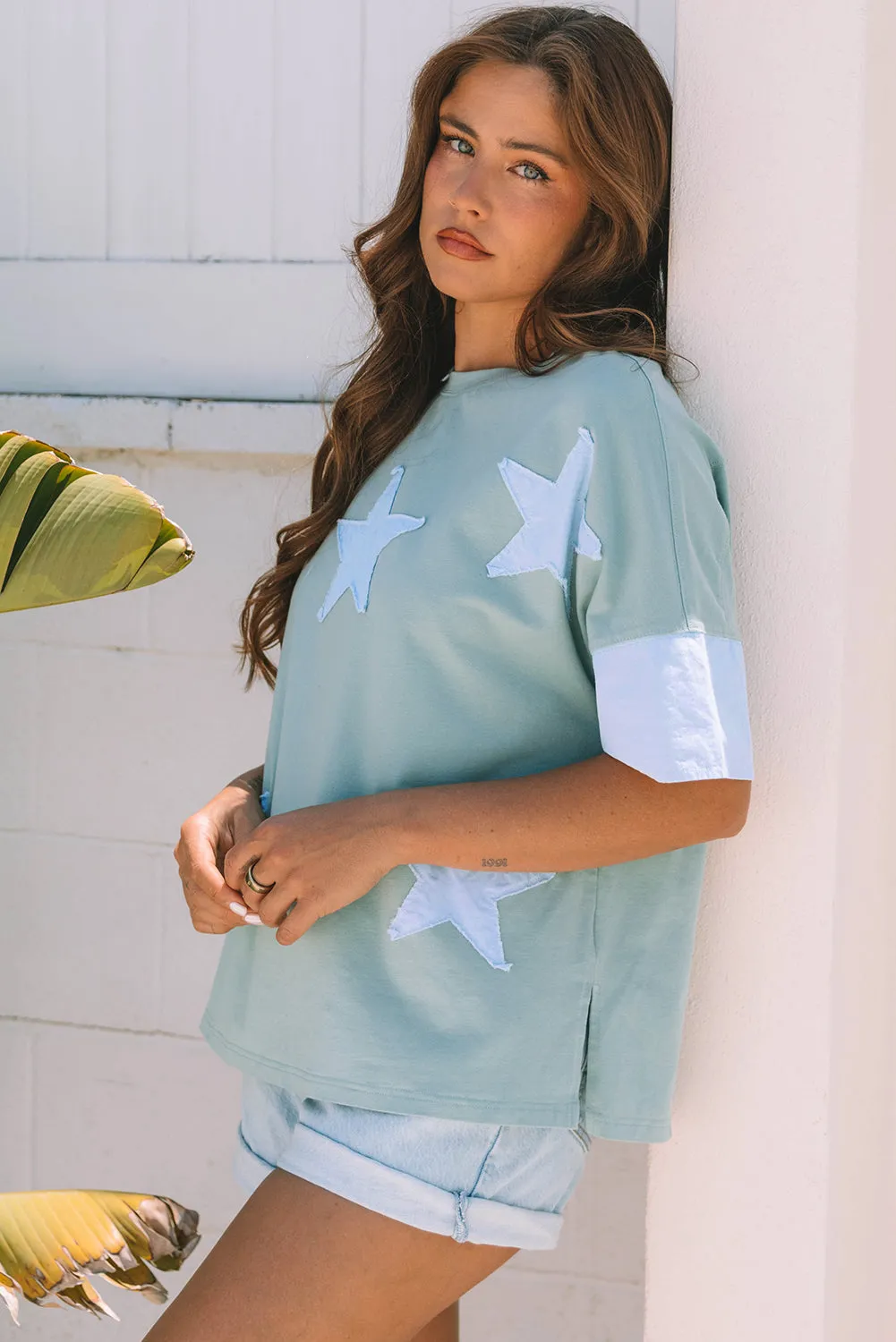 Threaded Pear Etta Frayed Denim Star Patched Oversize Top sold by Zulily product image thumbnail 3