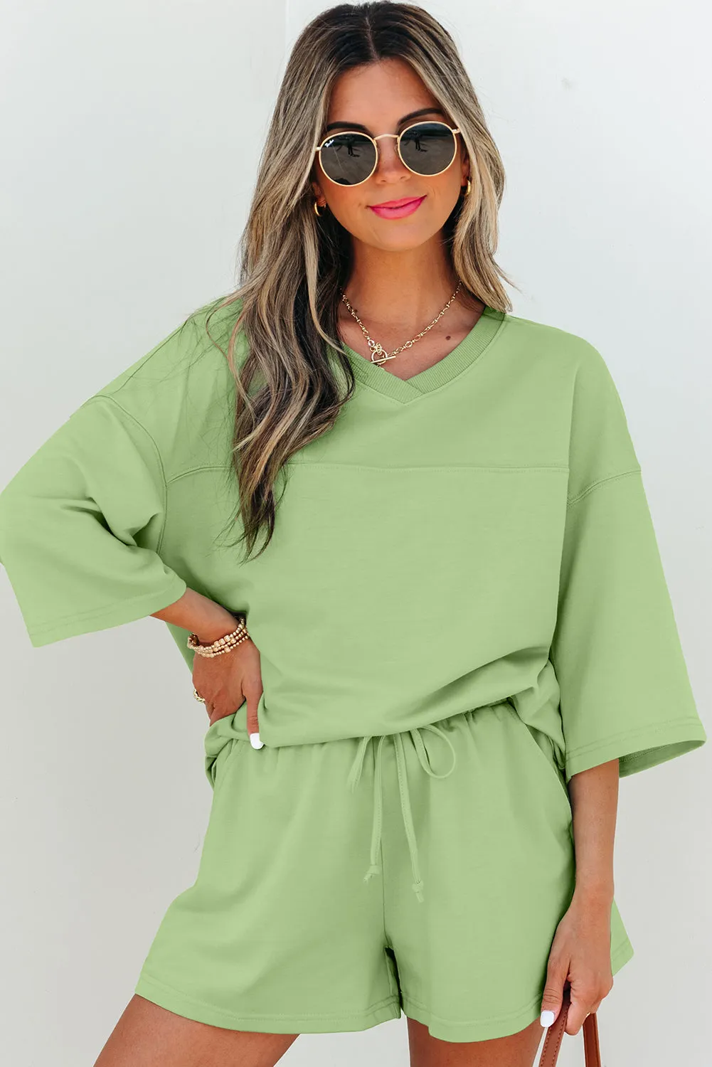 Threaded Pear Emmeline Loose V Neck Half Sleeve Tee and Shorts sold by Zulily