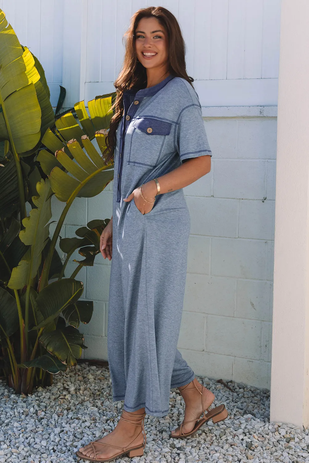 Threaded Pear Emmie Half Placket Chest Pockets Wide Leg Jumpsuit sold by Zulily product image thumbnail 3