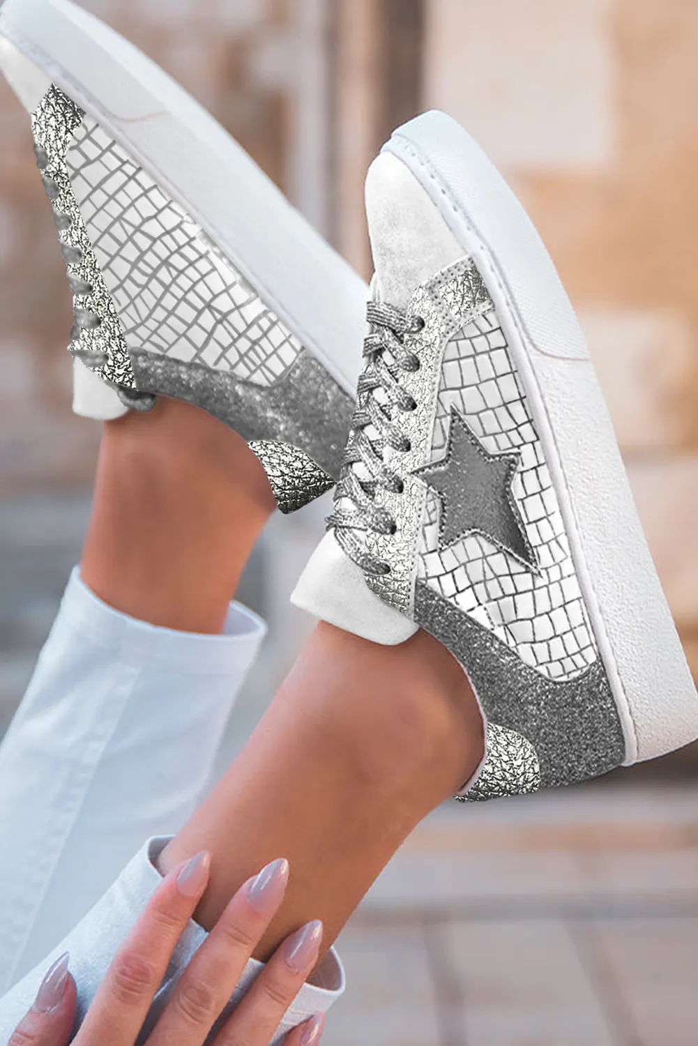 Threaded Pear Emi Glitter Star Lace-up Sneakers sold by Zulily product image thumbnail 4