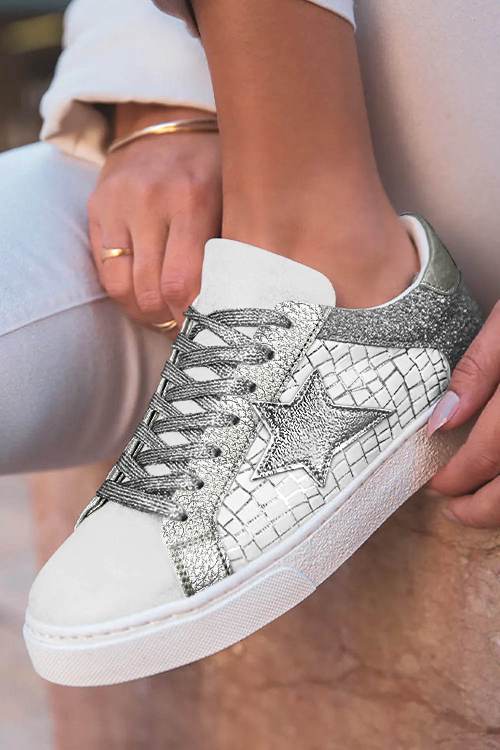 Threaded Pear Emi Glitter Star Lace-up Sneakers sold by Zulily