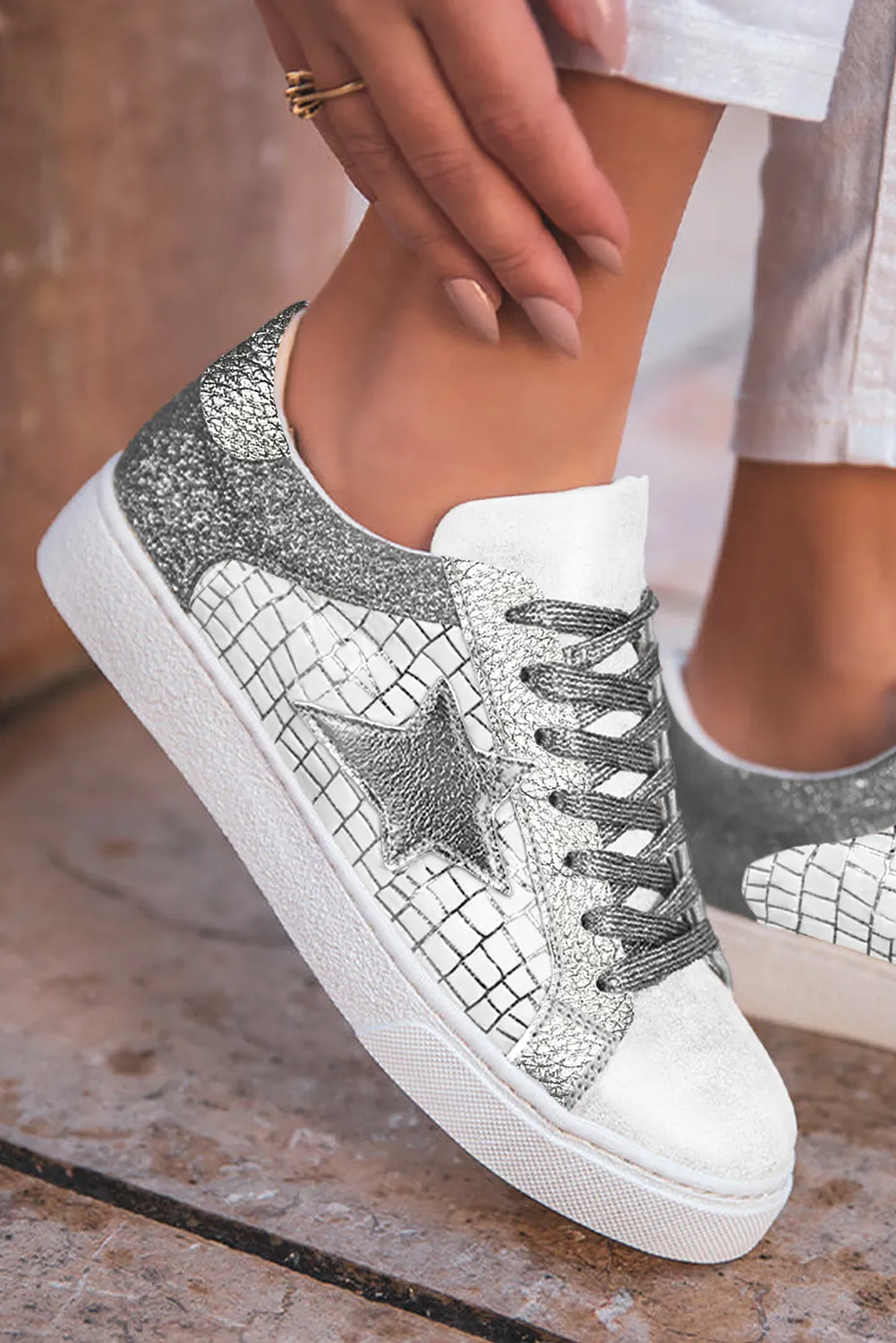 Threaded Pear Emi Glitter Star Lace-up Sneakers sold by Zulily product image thumbnail 3
